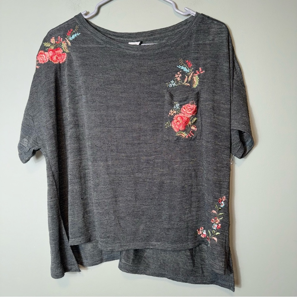 Anthro Akemi + Kin Women’s Petal Tee Embroidered Top Olive Green Boxy Small - Picture 1 of 6